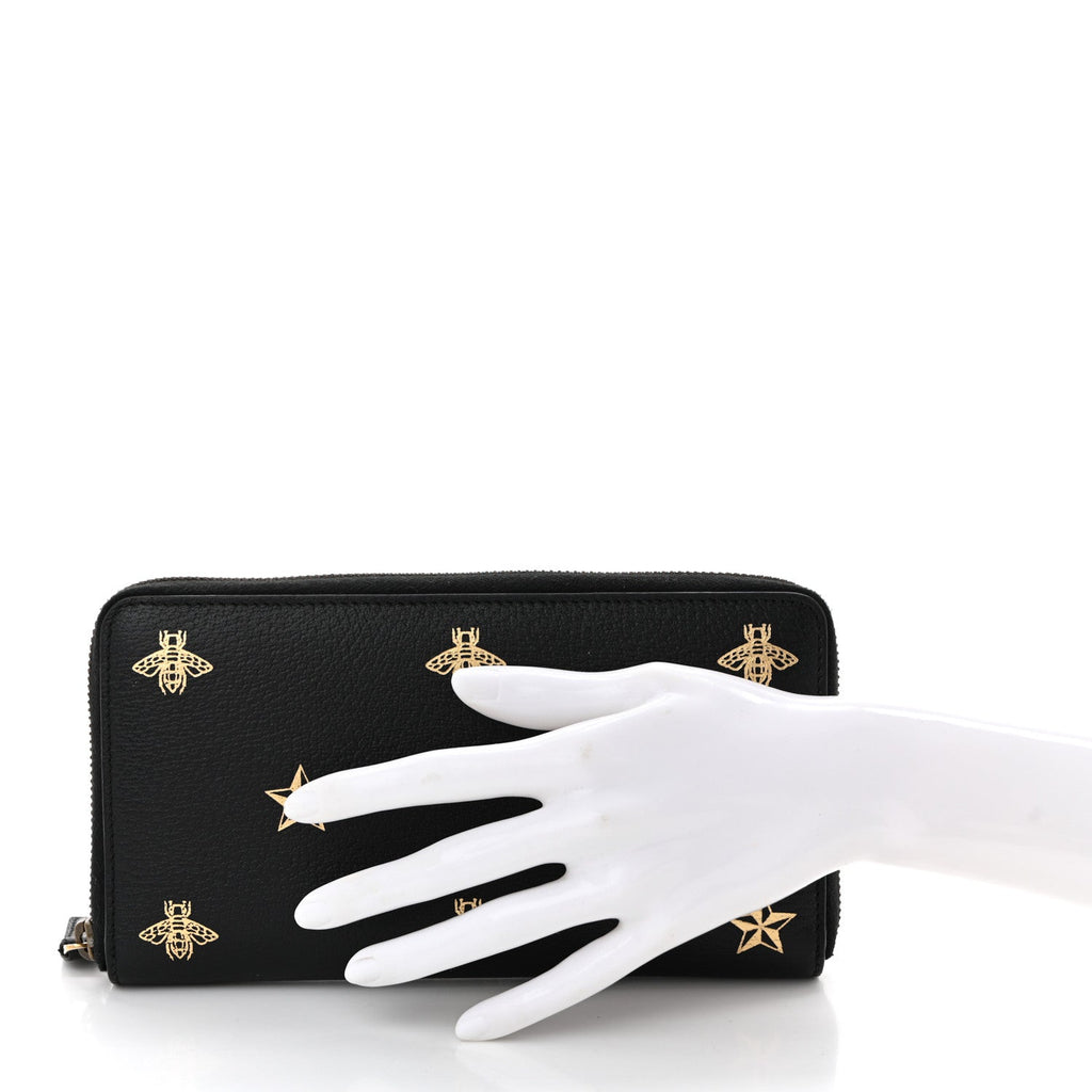 Dollar Calfskin Bee Star Zip Around Wallet Black