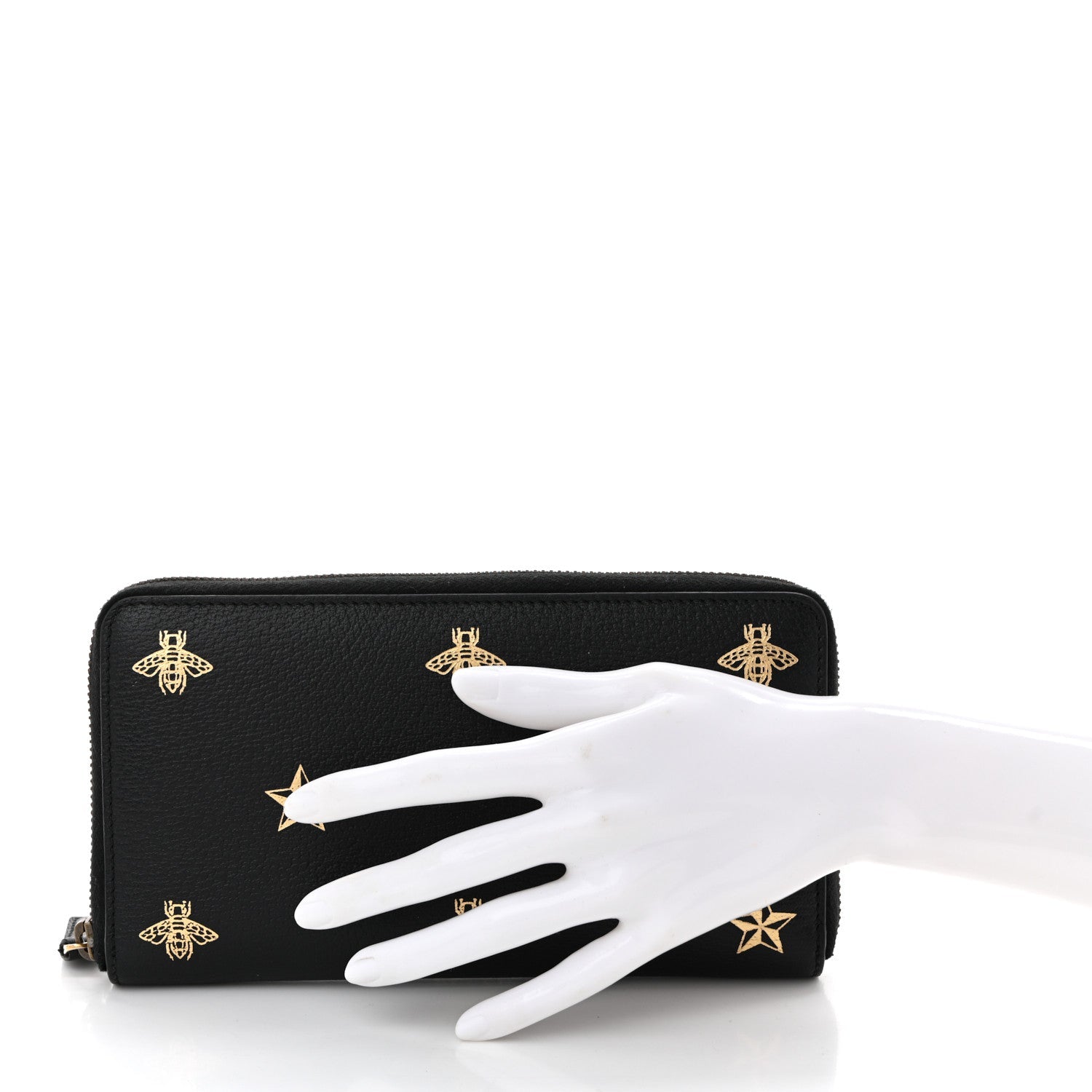 Dollar Calfskin Bee Star Zip Around Wallet Black