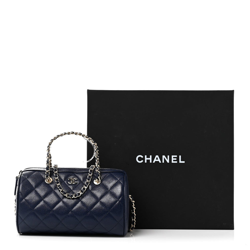 Caviar Quilted Barrel Clutch With Chain  Navy