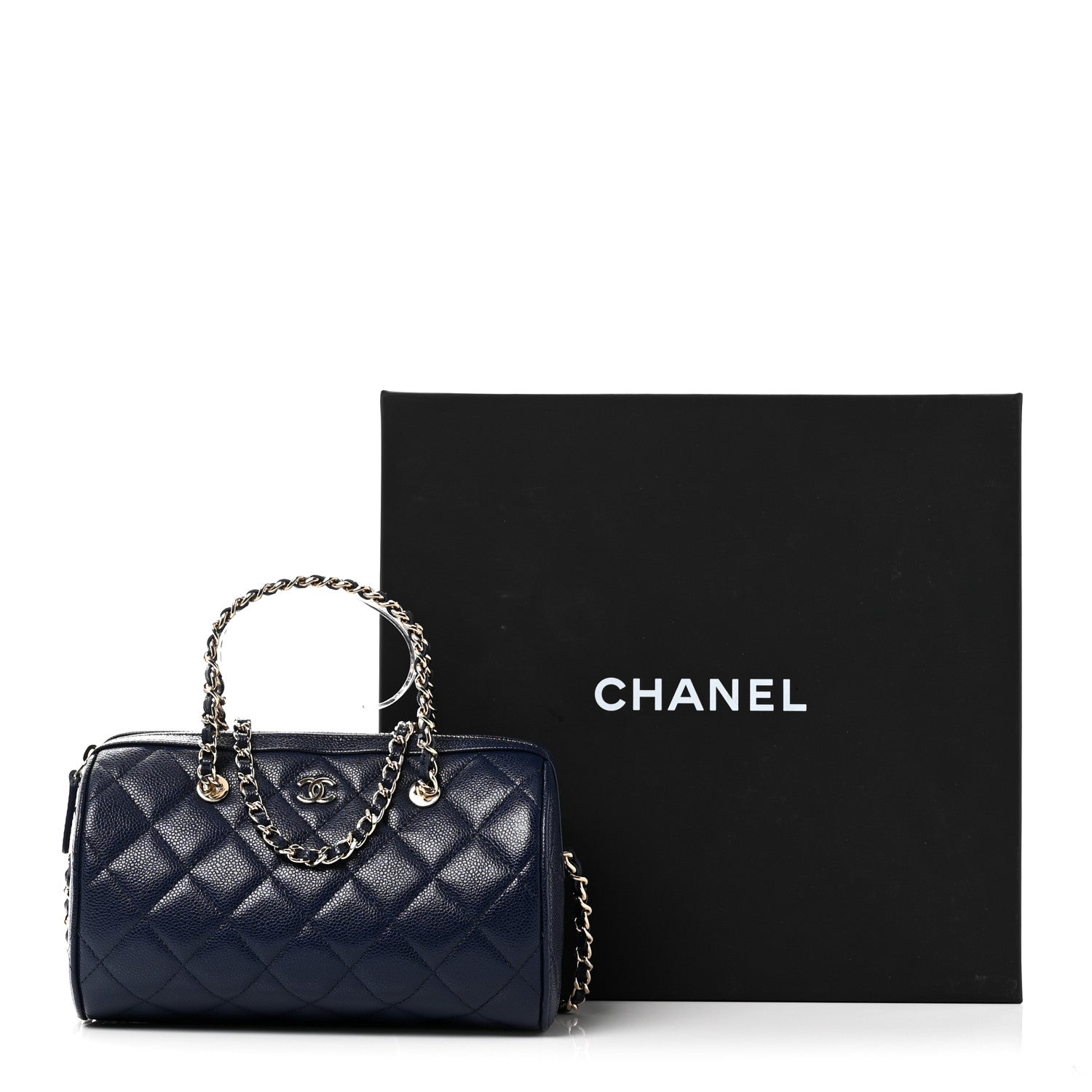 Caviar Quilted Barrel Clutch With Chain  Navy