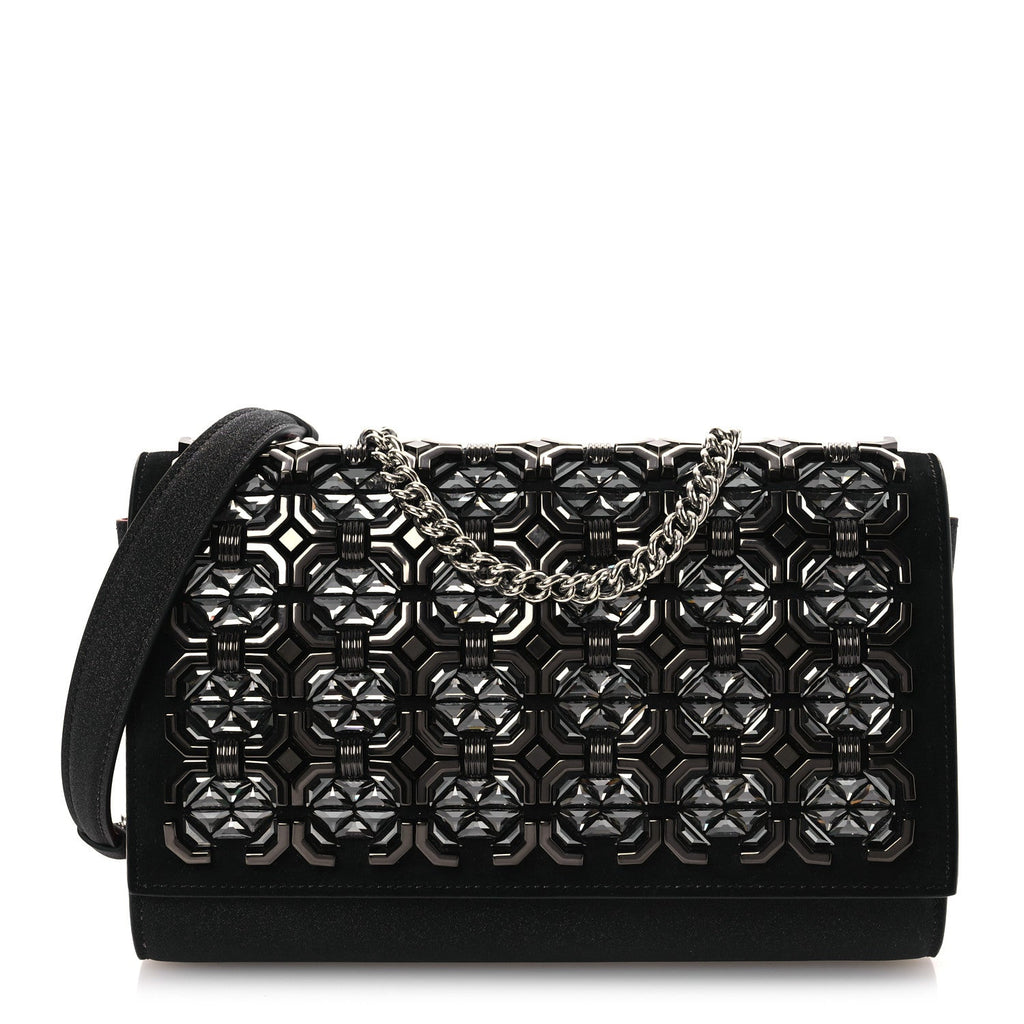 Suede Glitter Calfskin Embellished Paloma Clutch Black