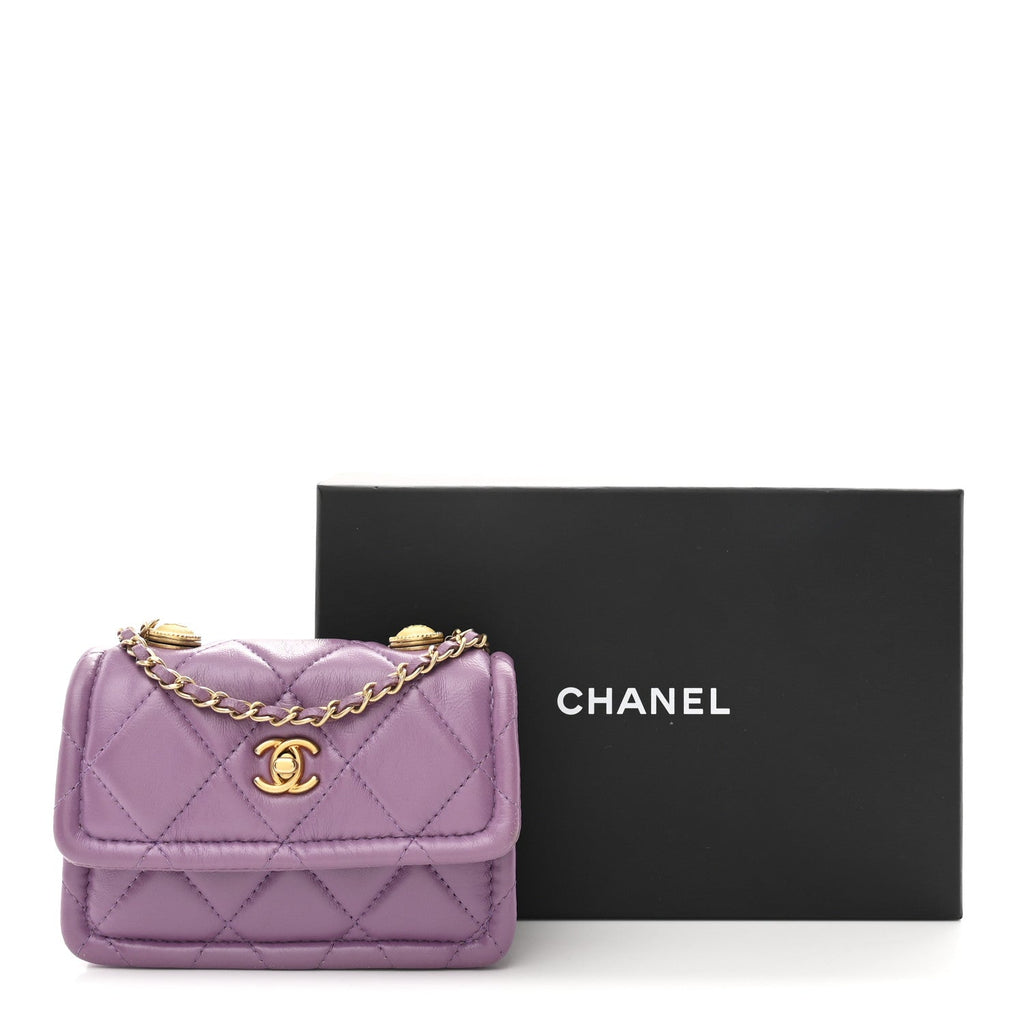 Shiny Lambskin Quilted Extra Mini Flap Purple