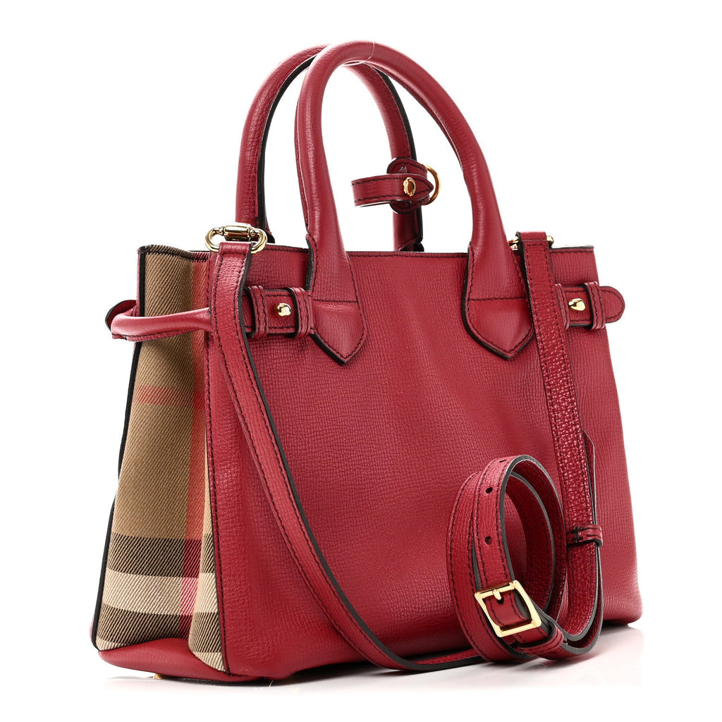 Grainy Calfskin House Check Small Banner Tote Red