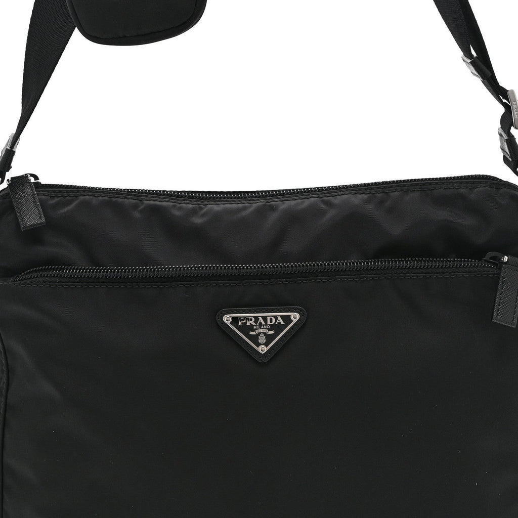 Re-Nylon Vela Saffiano Pocket Double Zip Messenger Bag Black
