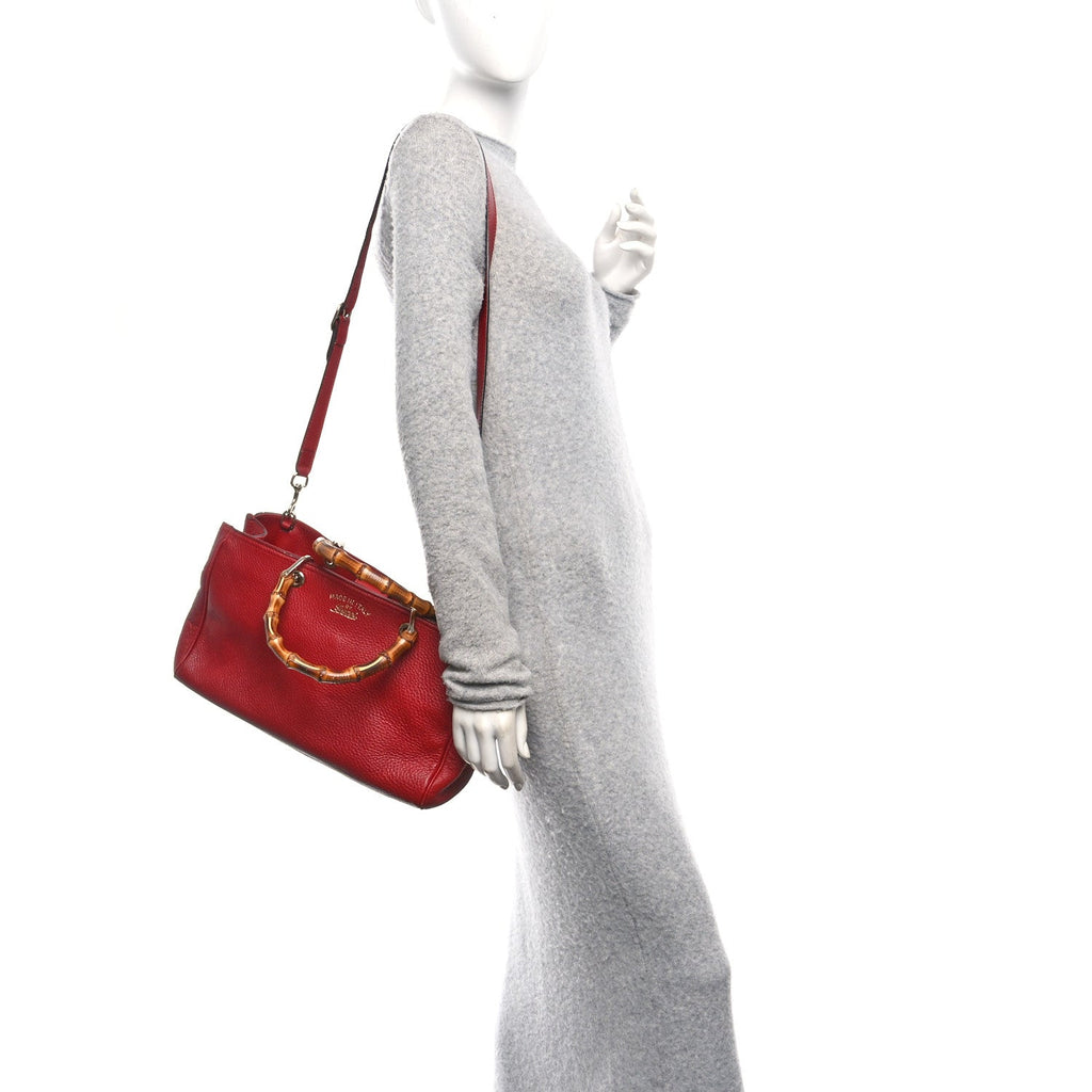 Pebbled Calfskin Medium Bamboo Shopper Tote Red