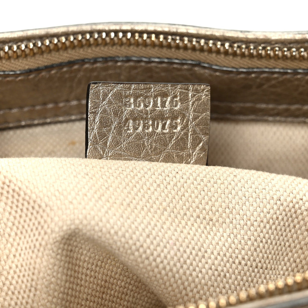 Metallic Pebbled Calfskin Small Soho Top Handle Bag Golden Beige