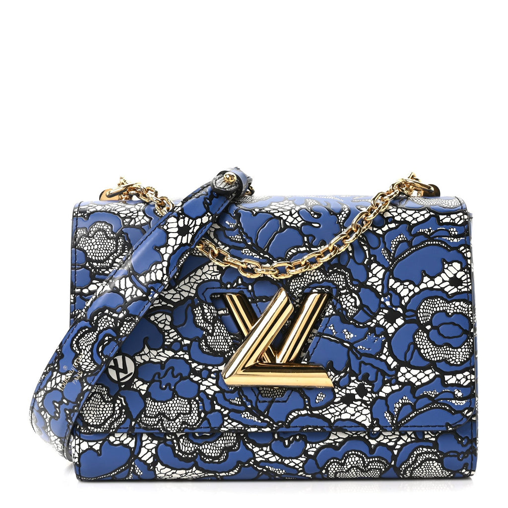 Calfskin Lace Flower Inlay Twist Shoulder Bag MM Navy Black
