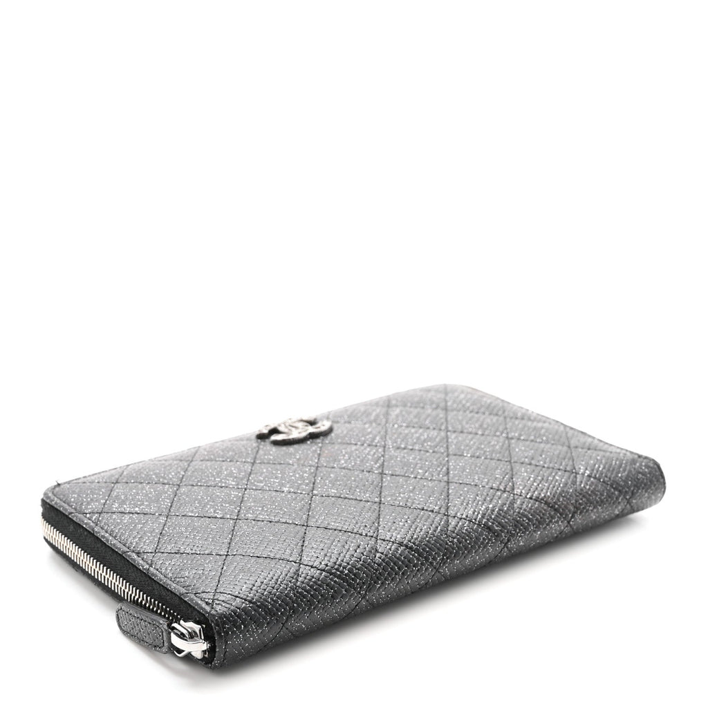 Glittered Calfskin Quilted Large Zip Around Organizer Wallet Black