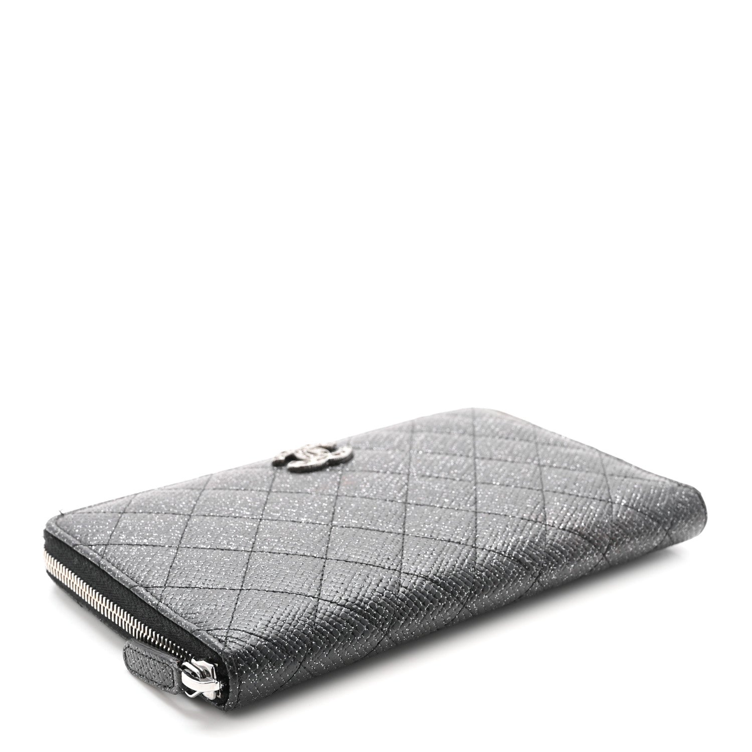 Glittered Calfskin Quilted Large Zip Around Organizer Wallet Black