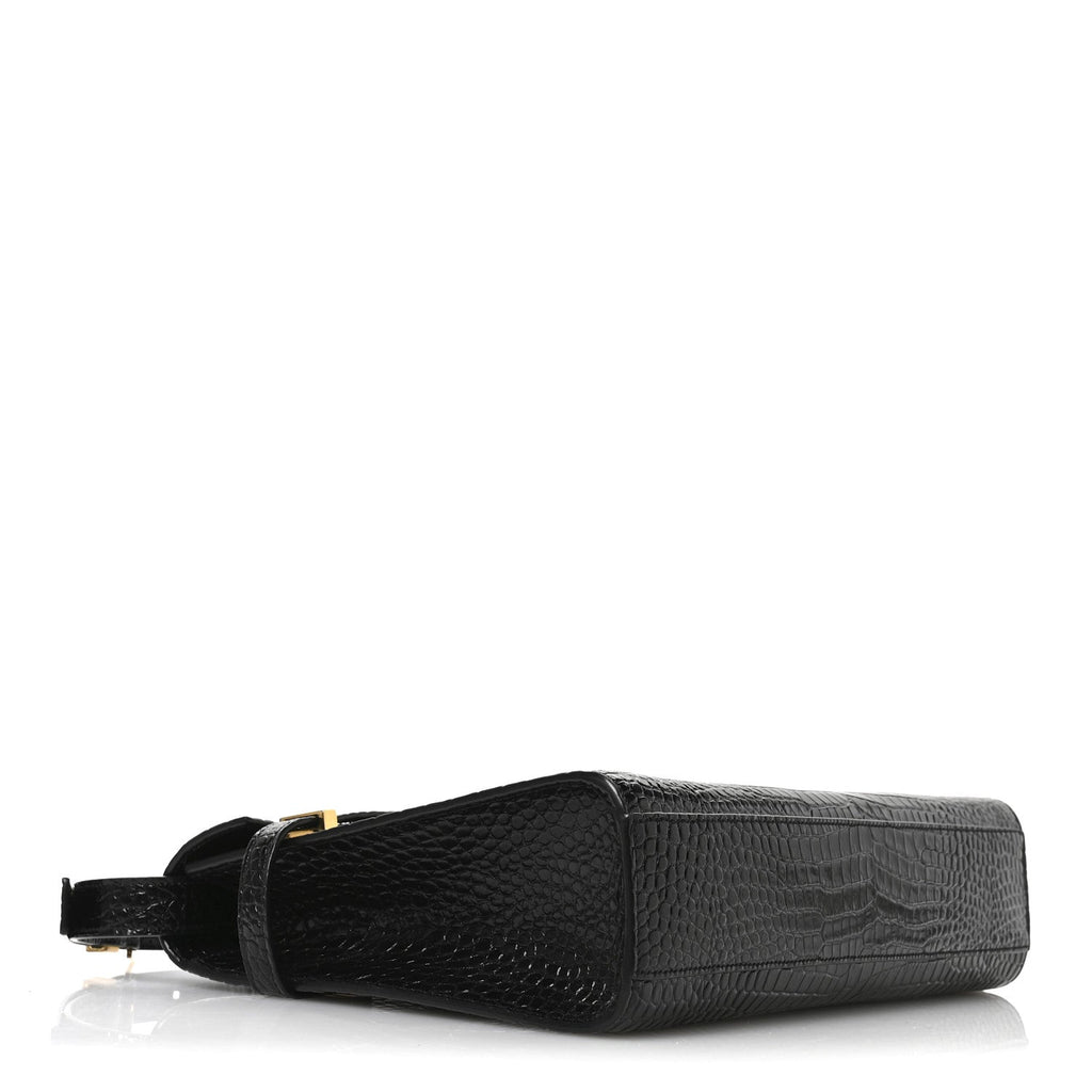 Shiny Calfskin Crocodile Embossed Manhattan Baguette Black