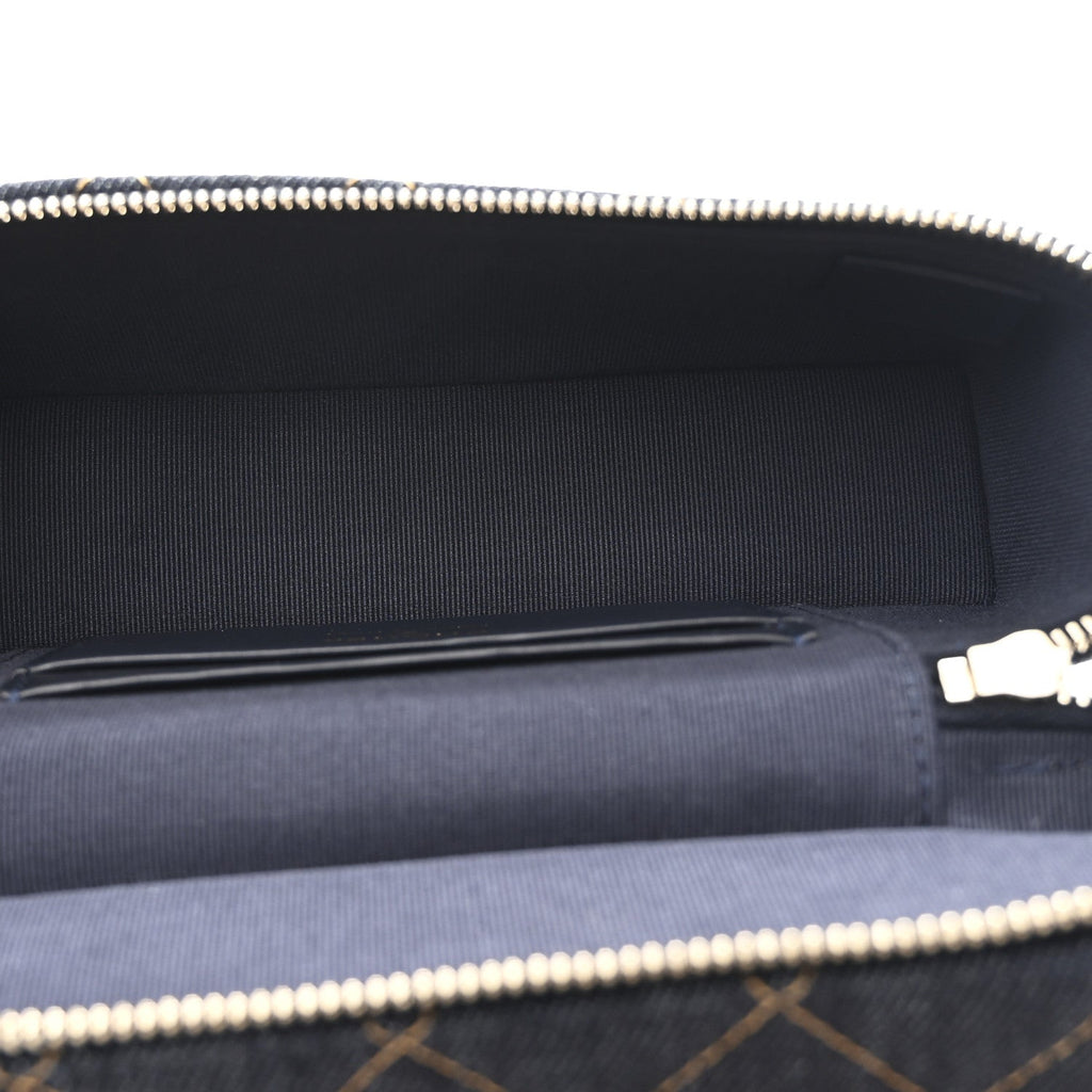 Denim Quilted Top Handle Slim Vanity Case With Chain Dark Blue Orange