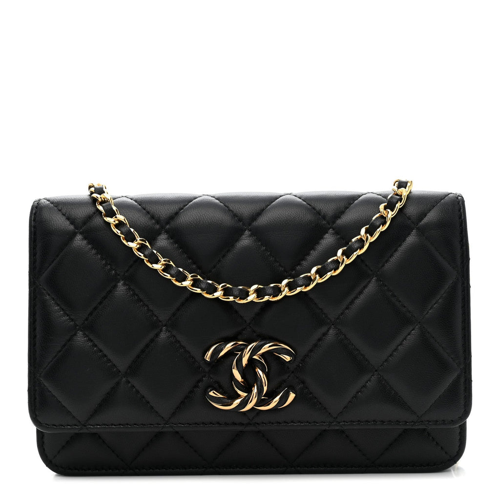 Lambskin Quilted Twisted CC Wallet On Chain WOC Black