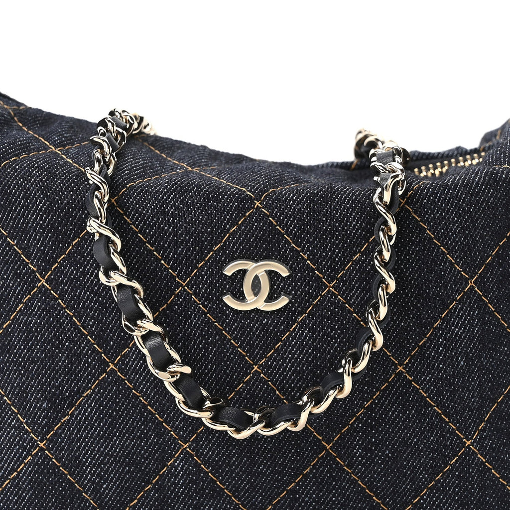 Denim Quilted Hobo Clutch With Chain Dark Blue Orange
