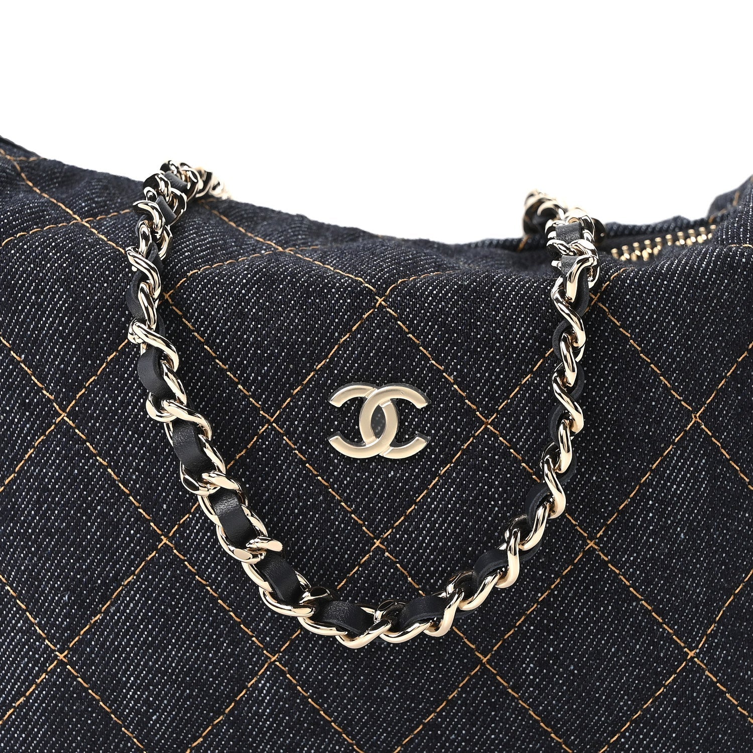 Denim Quilted Hobo Clutch With Chain Dark Blue Orange