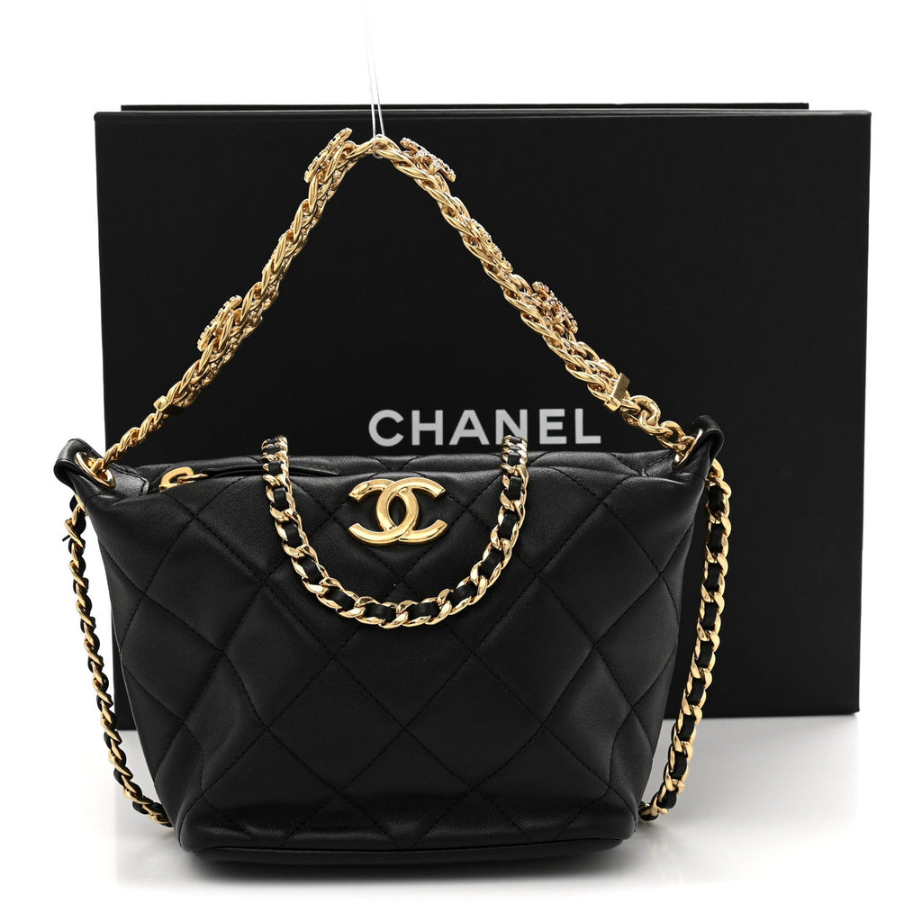 Lambskin Quilted Crystal Small CC Chain Hobo Black