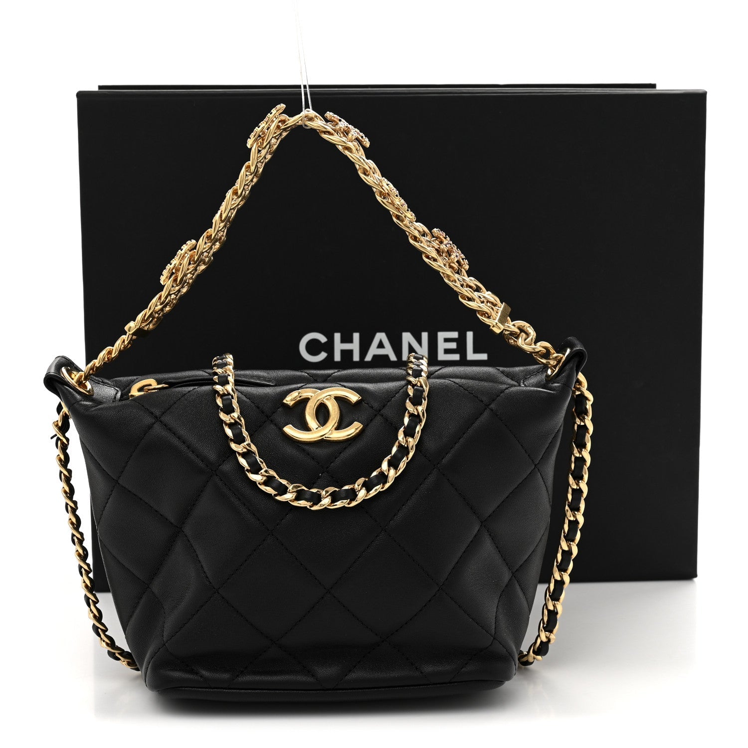 Lambskin Quilted Crystal Small CC Chain Hobo Black