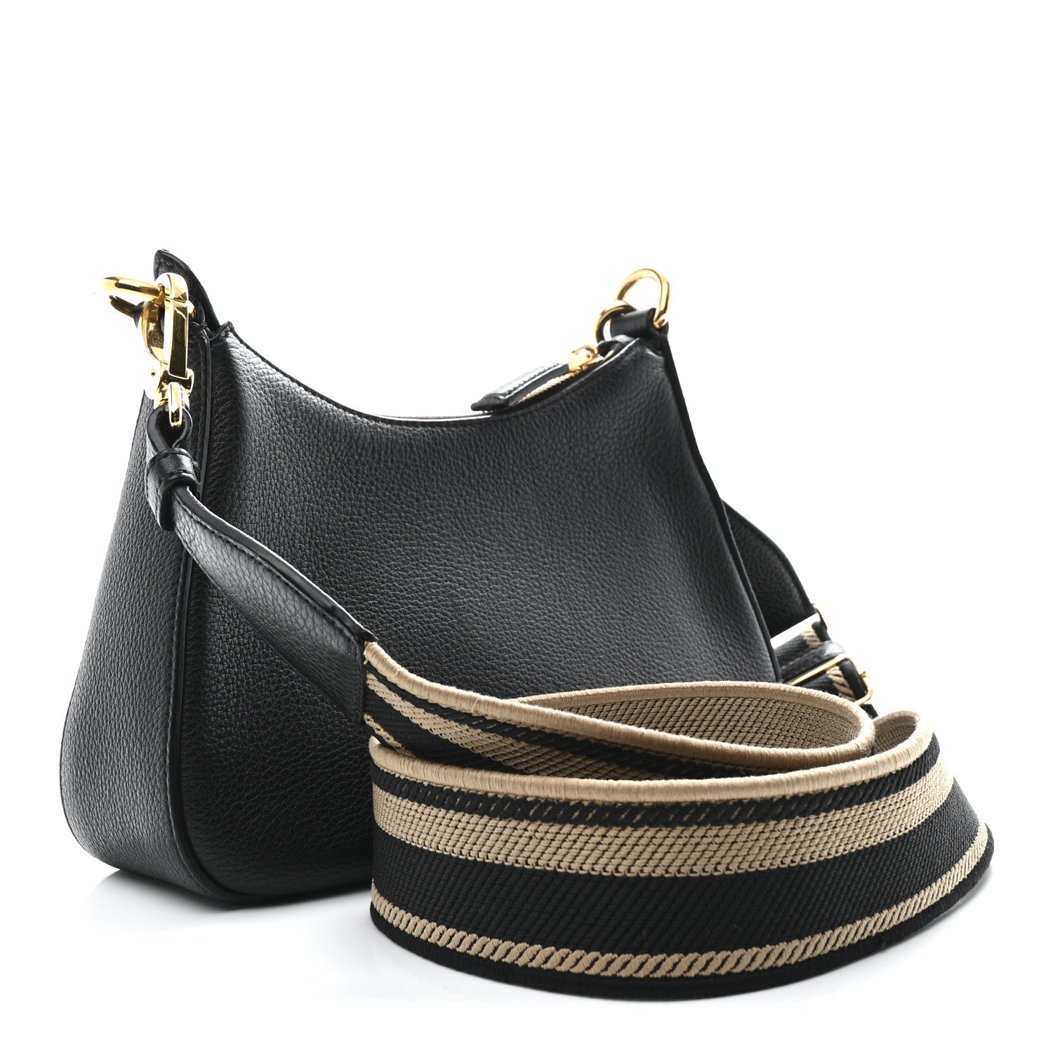 Vitello Daino Soft Zippered Hobo Shoulder Bag Black