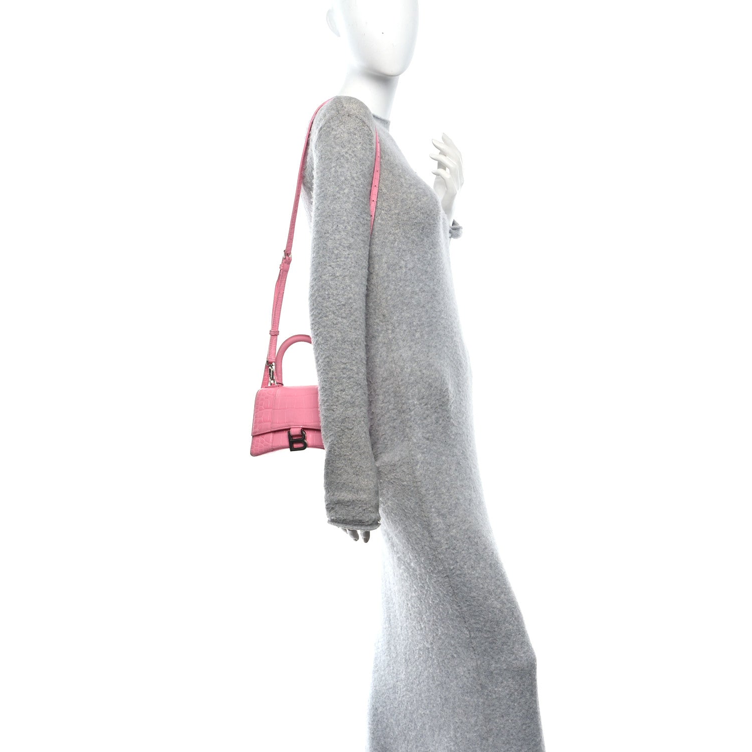 Shiny Calfskin Crocodile Embossed Hourglass Top Handle Bag XS Sweet Pink