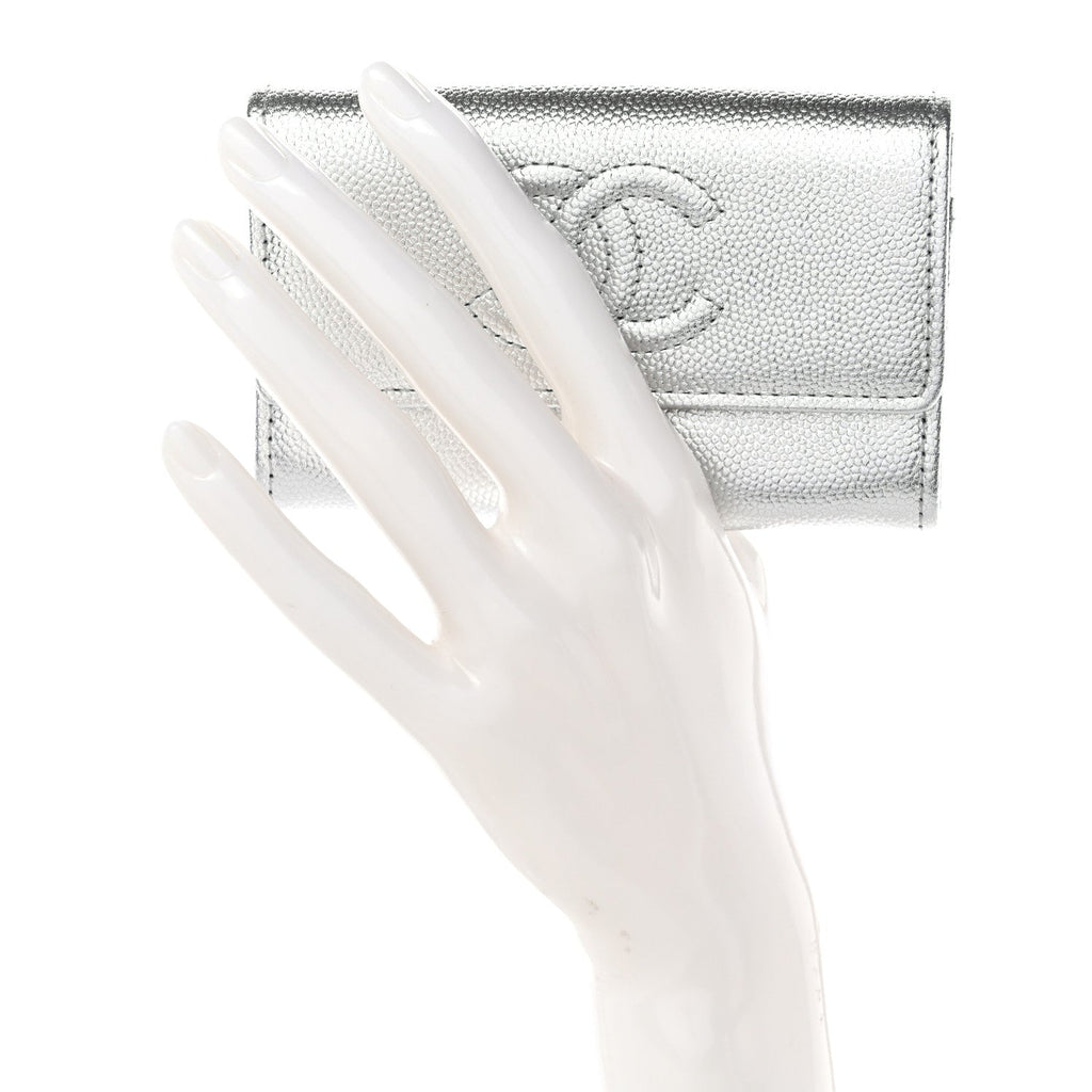 Metallic Caviar Timeless CC Flap  Holder Silver