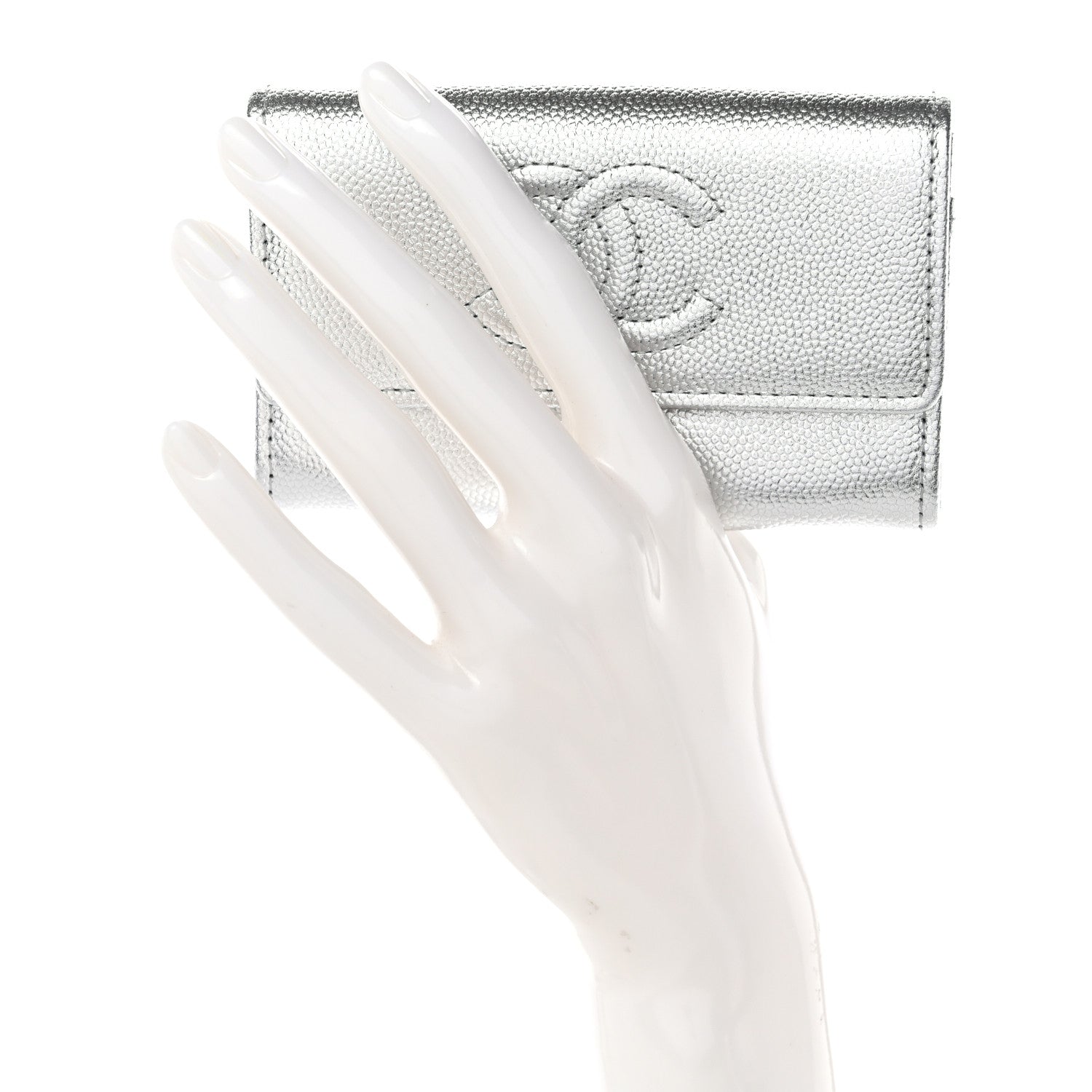 Metallic Caviar Timeless CC Flap  Holder Silver