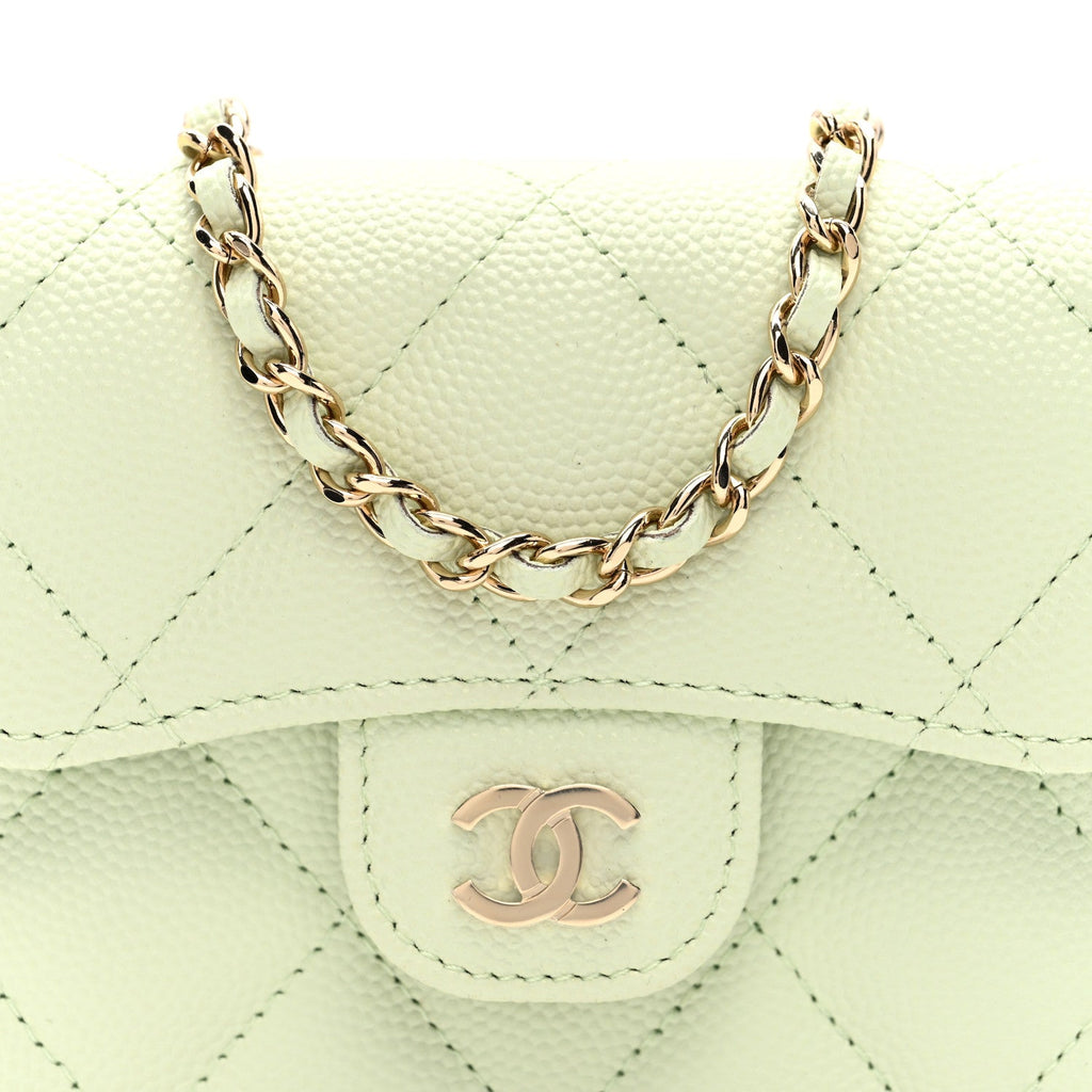 Caviar Quilted Flap  Holder On Chain Light Green