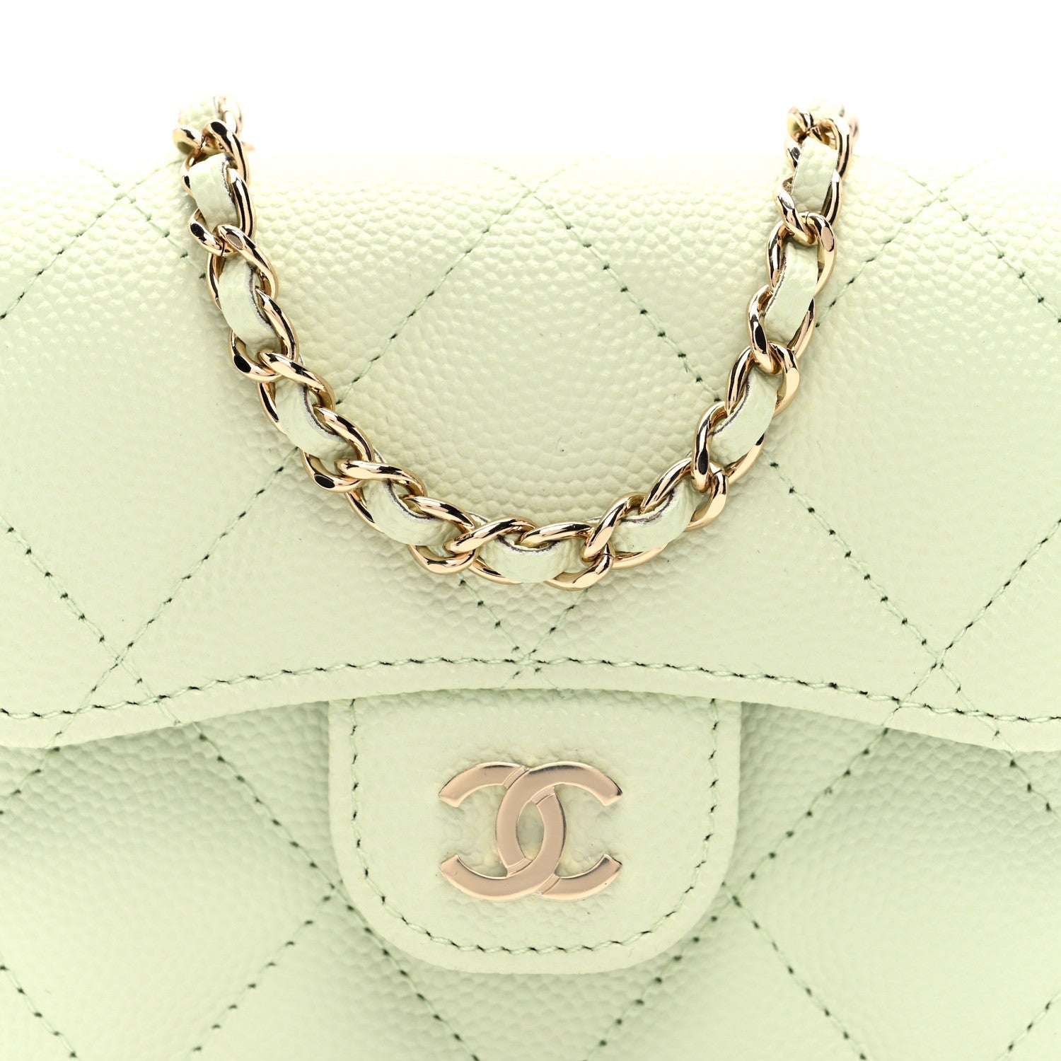 Caviar Quilted Flap  Holder On Chain Light Green
