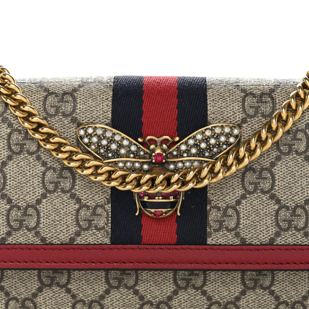 GG Supreme Monogram Web Queen Margaret Chain Wallet Red