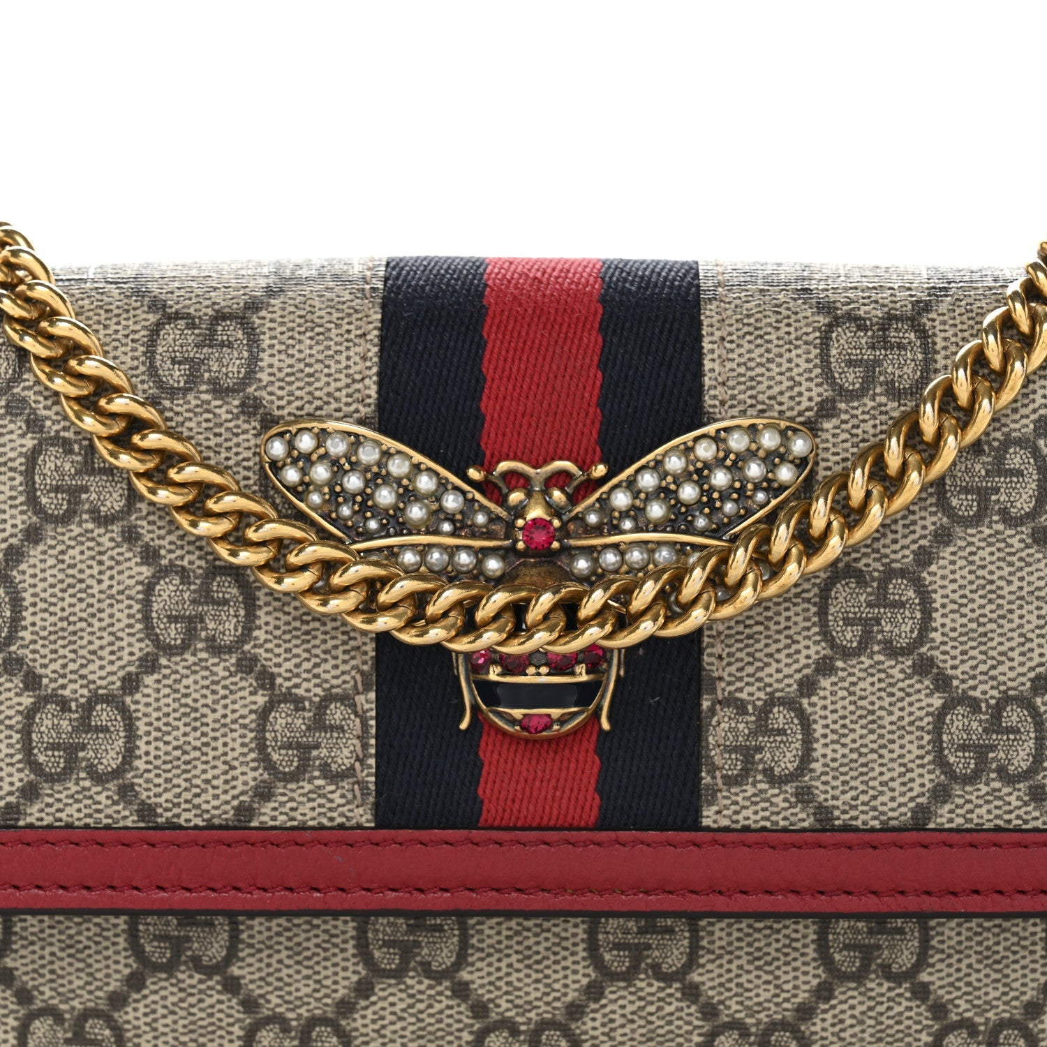 GG Supreme Monogram Web Queen Margaret Chain Wallet Red