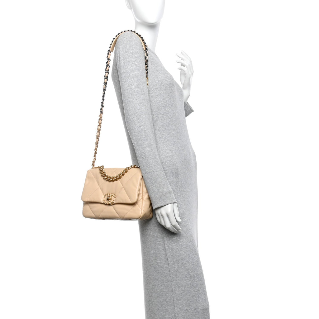 Shiny Goatskin Quilted Medium Chanel 19 Flap Beige