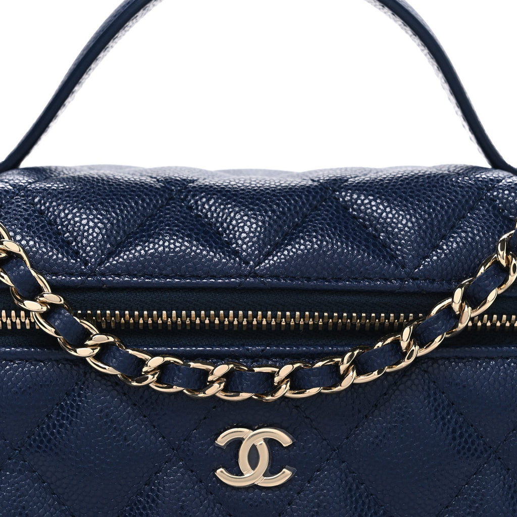 Caviar Quilted Top Handle Slim Vanity With Chain Navy