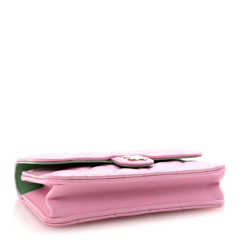 Lambskin Quilted Flap Phone Holder With Chain Lilac Light Green