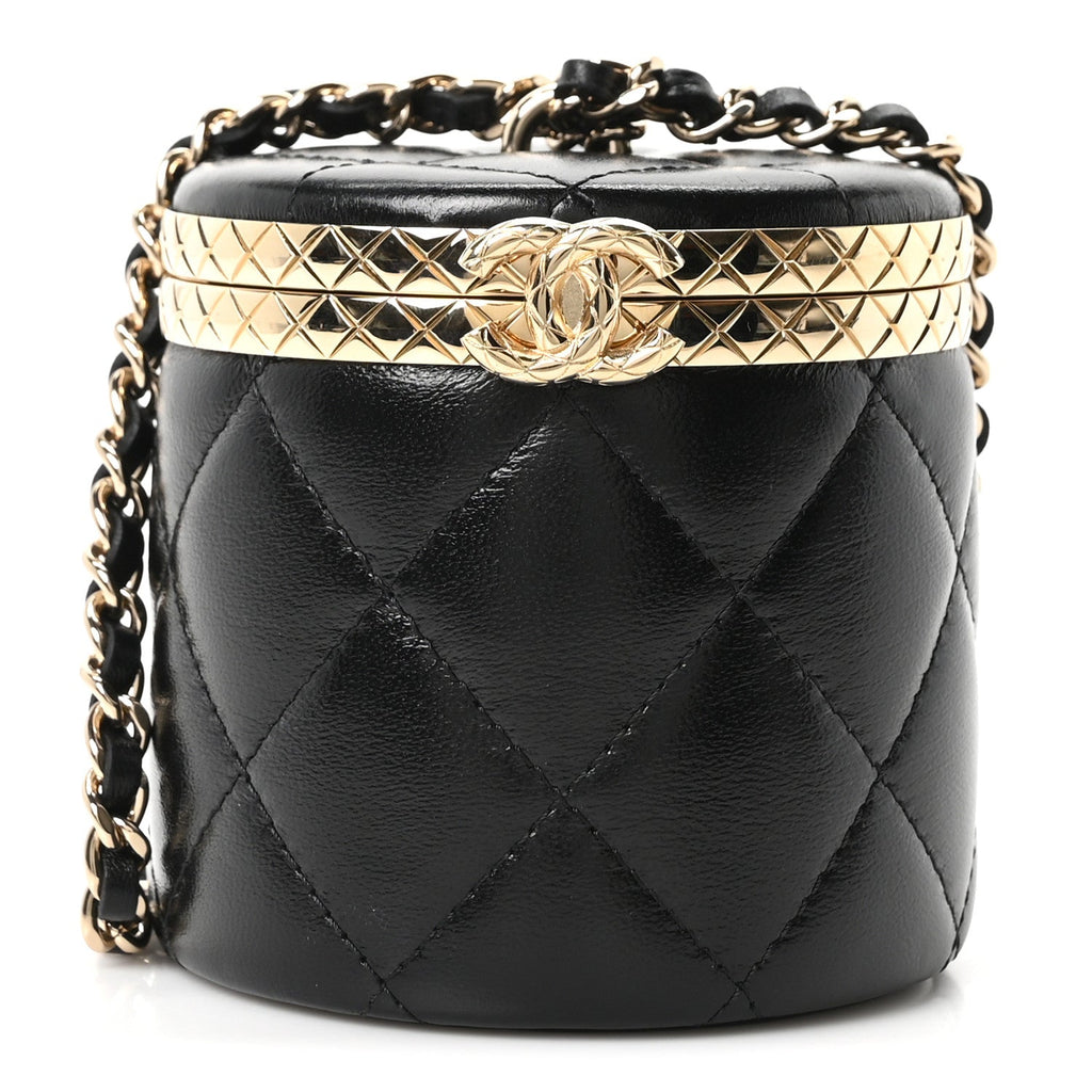 Metal Lambskin Quilted Mini Lock Frame Vanity Clutch Black