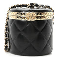Metal Lambskin Quilted Mini Lock Frame Vanity Clutch Black