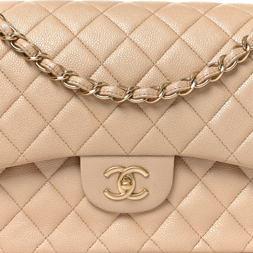 Pearly Caviar Quilted Jumbo Double Flap Beige