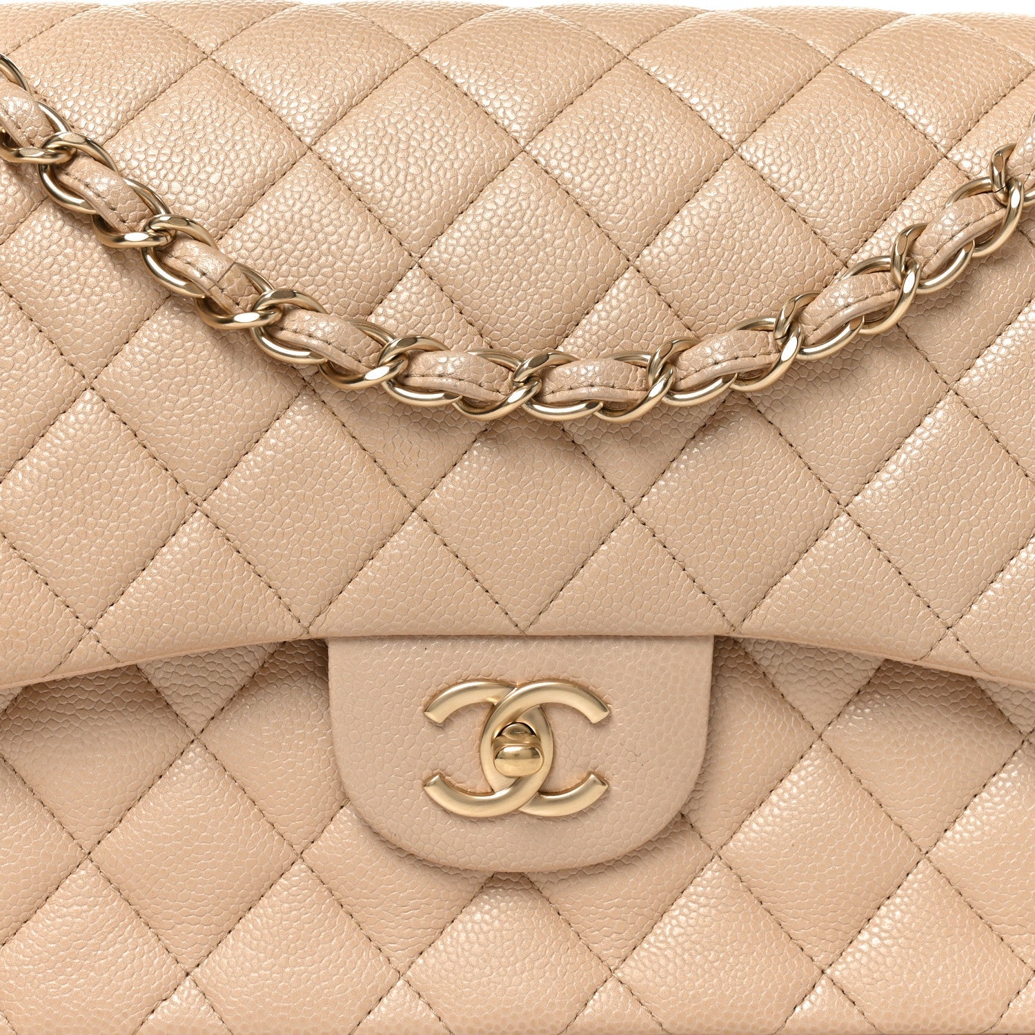 Pearly Caviar Quilted Jumbo Double Flap Beige