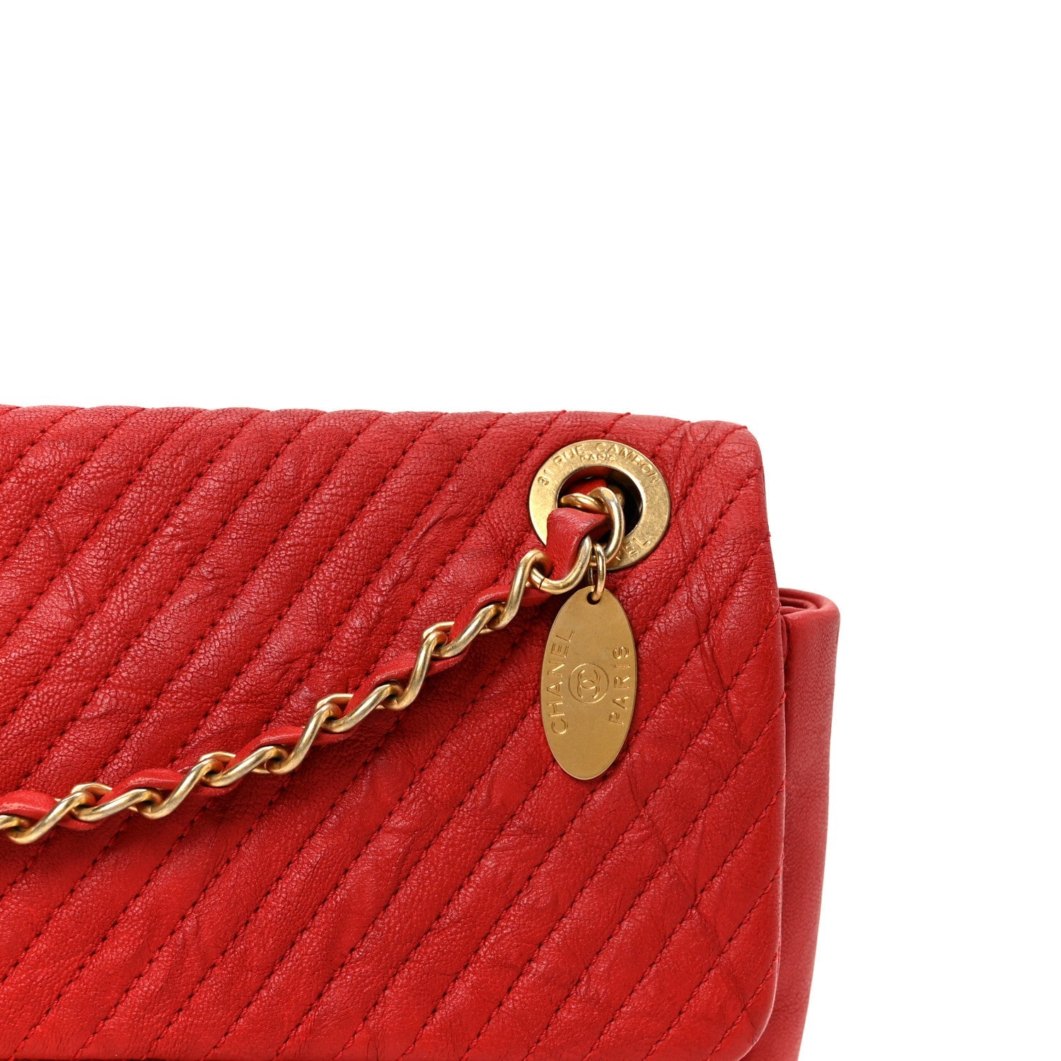 Wrinkled Lambskin Chevron Quilted Medium Flap Red