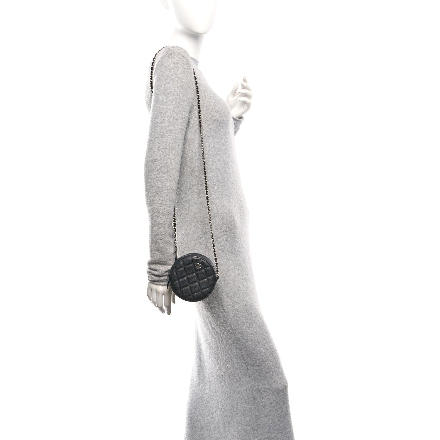 Caviar Quilted Round Clutch With Chain Black