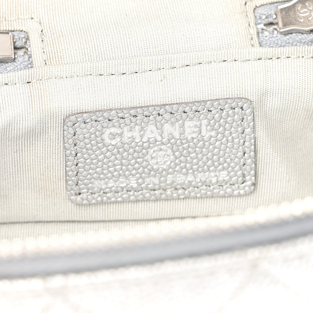 Metallic Caviar Quilted Mini Top Handle Vanity With Chain Silver