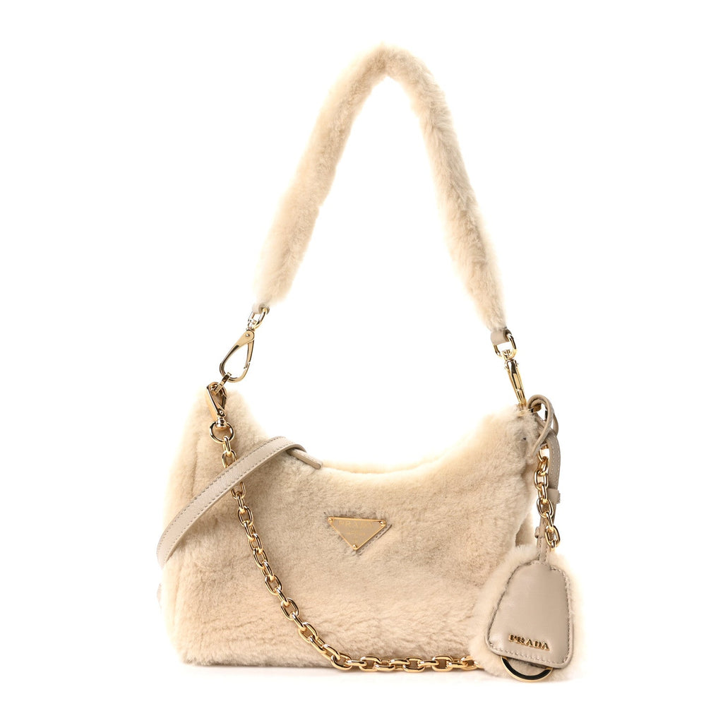 Shearling Nappa Mini Re-Edition Shoulder Bag Ecru