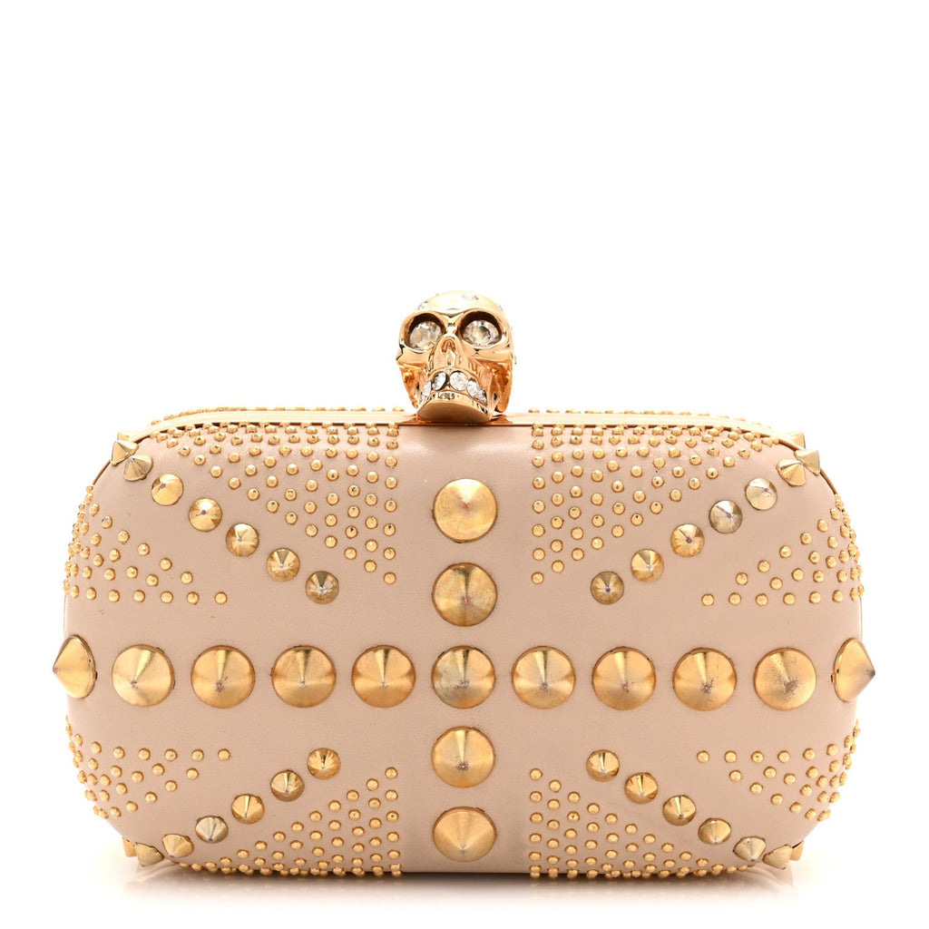 Calfskin Studded Britannia Skull Box Clutch Beige