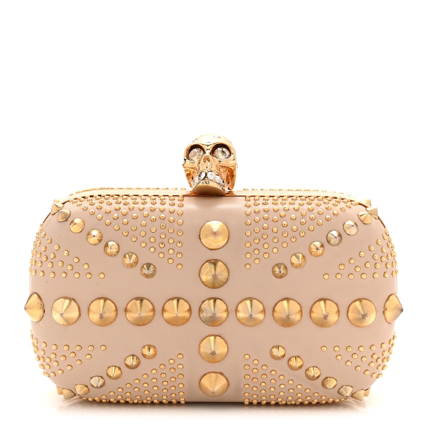 Calfskin Studded Britannia Skull Box Clutch Beige