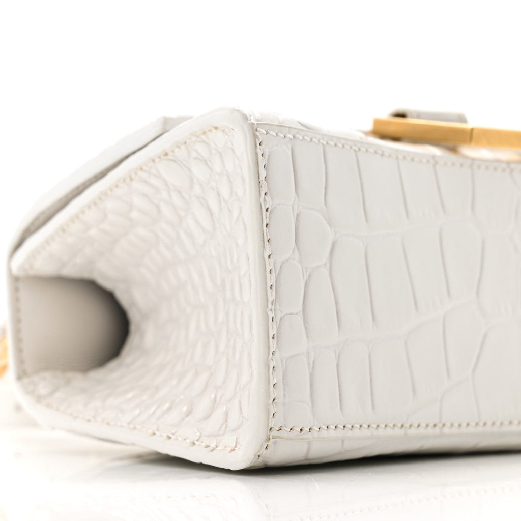 Shiny Calfskin Crocodile Embossed Hourglass Top Handle Bag XS White