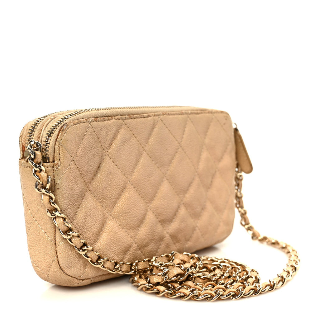 Metallic Caviar Quilted Small Clutch With Chain Gold