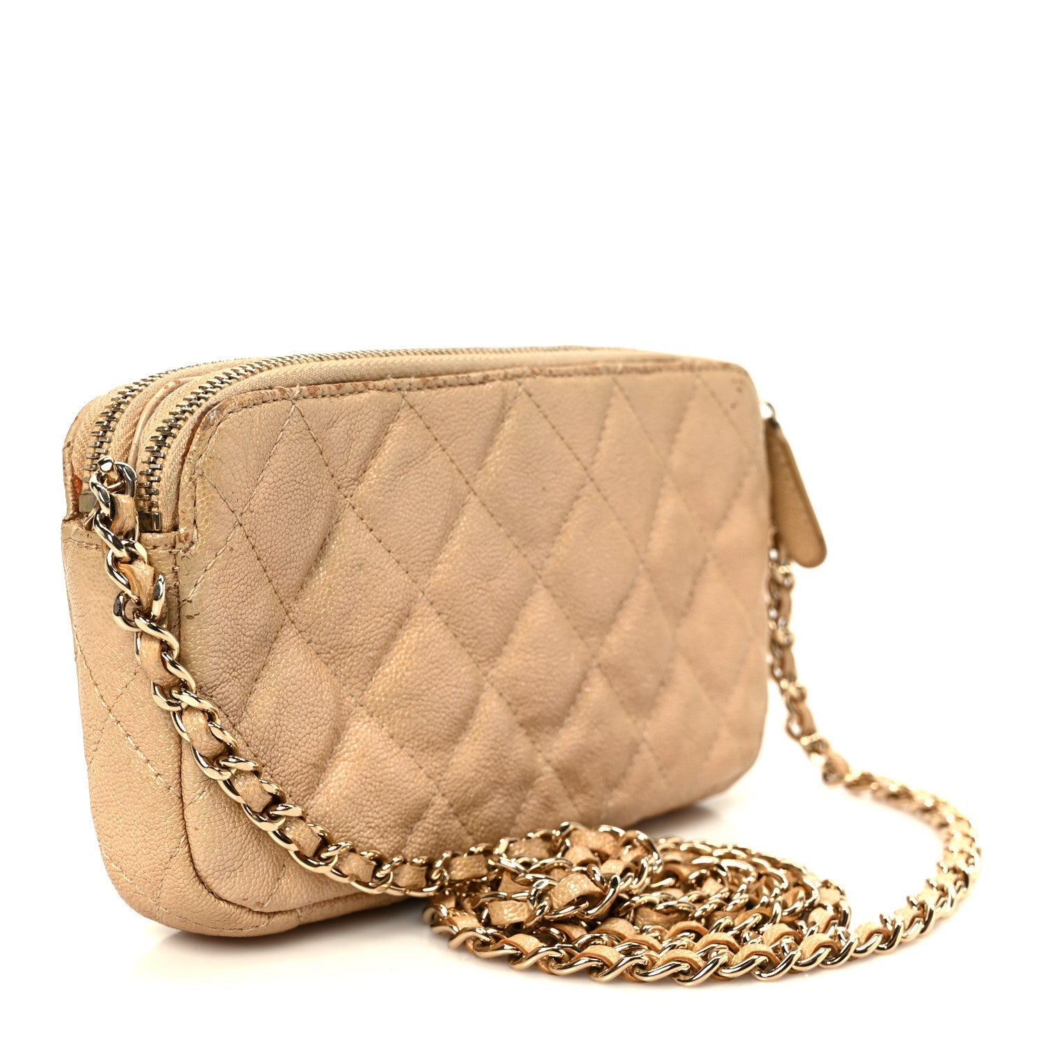 Metallic Caviar Quilted Small Clutch With Chain Gold