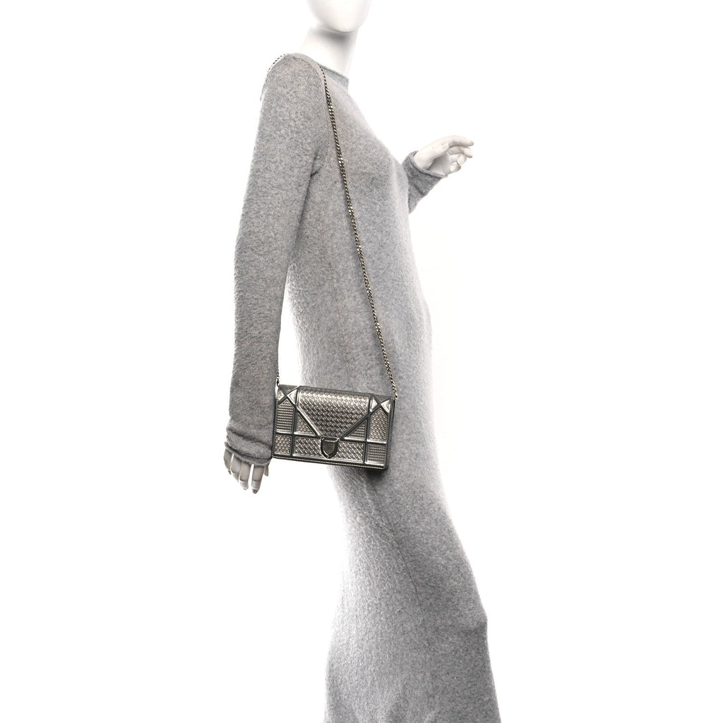Metallic Patent Micro-Cannage Diorama Wallet on Chain Pouch Silver