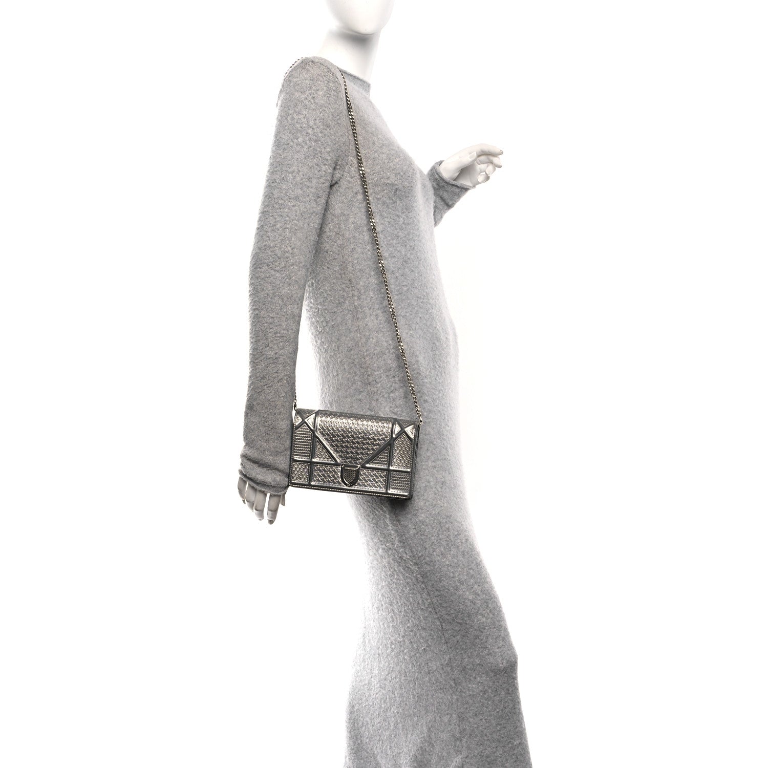 Metallic Patent Micro-Cannage Diorama Wallet on Chain Pouch Silver