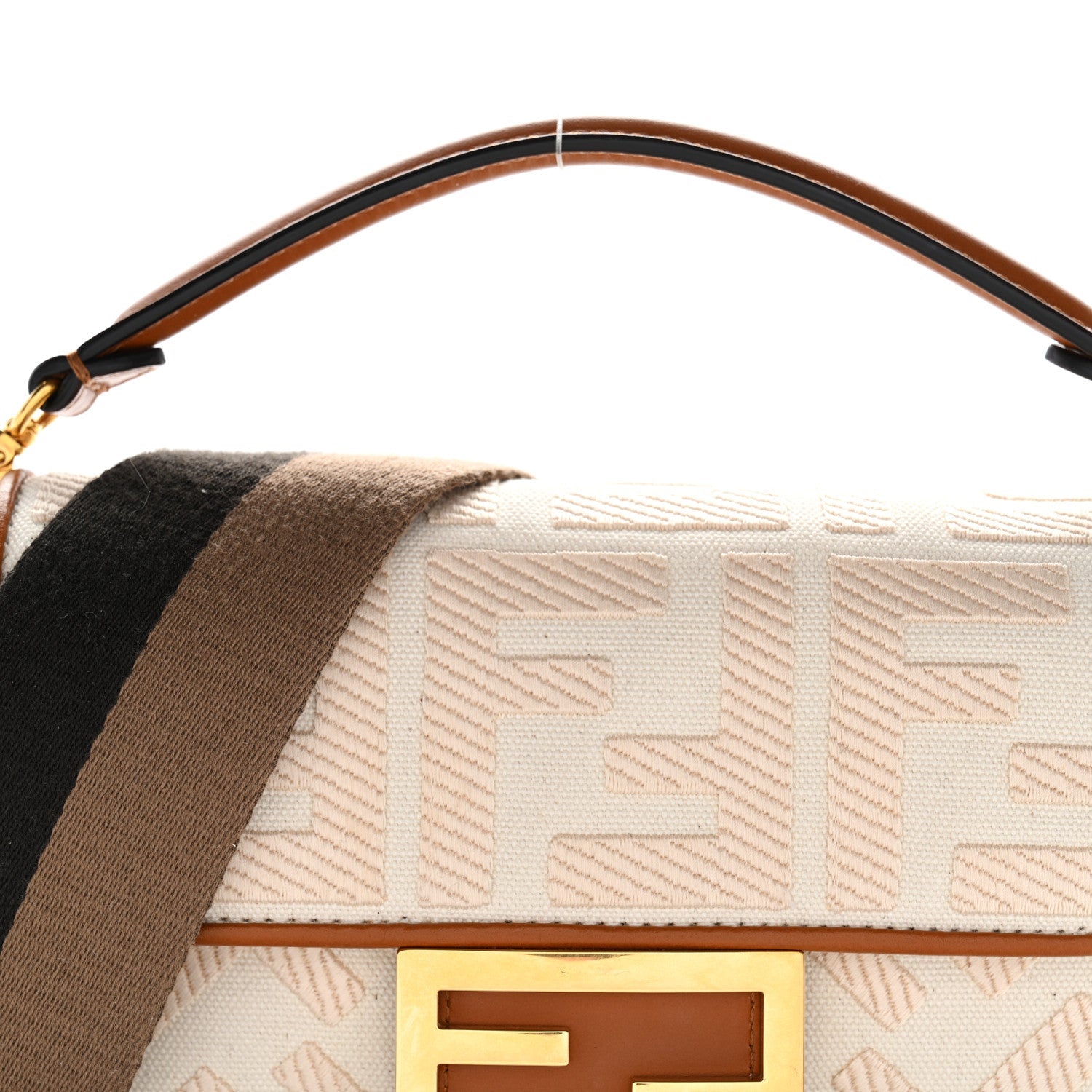 Canvas Vitello King Bi-Color Strap FF Embroidered Mini Baguette Grezzo Brandy Cuoio