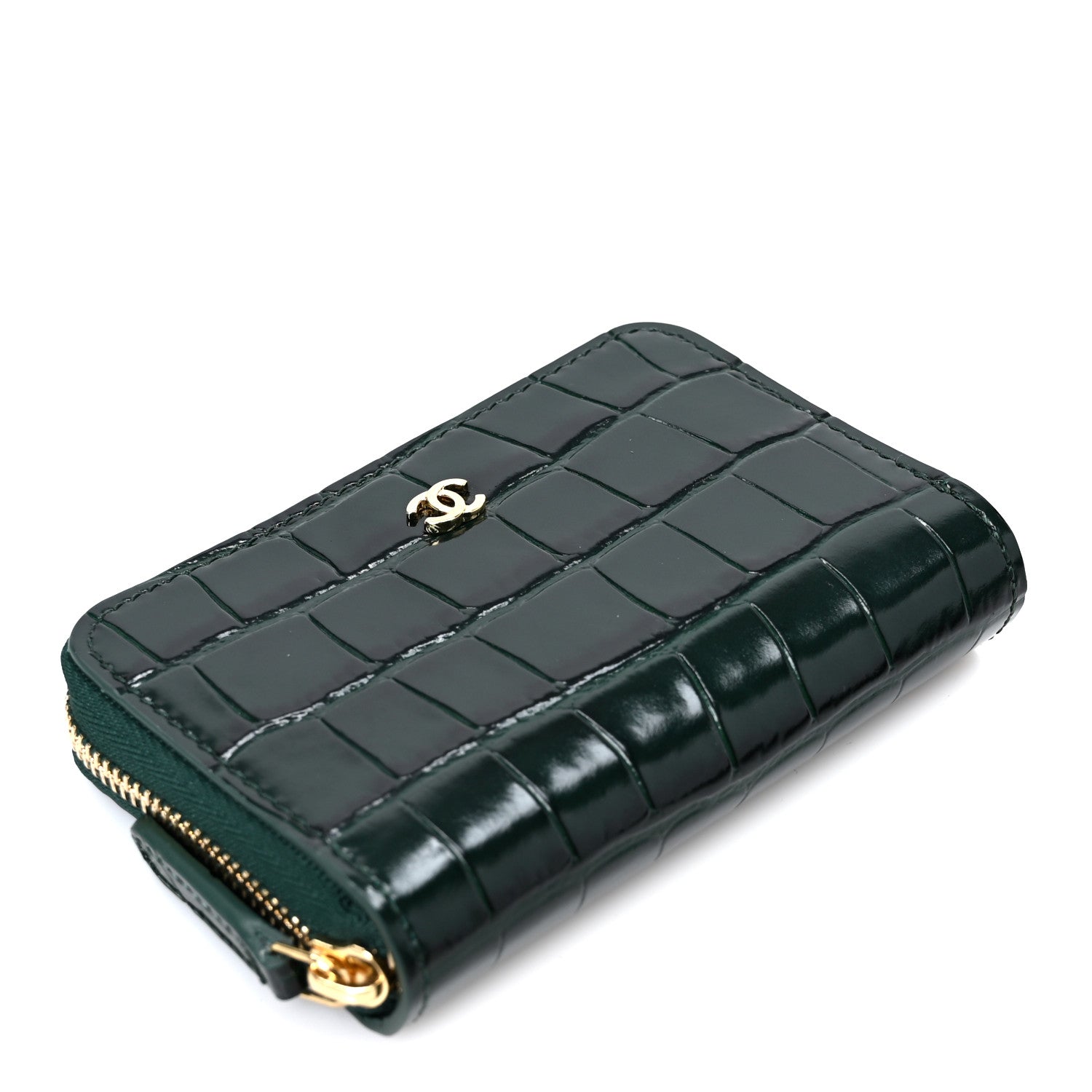 Calfskin Crocodile Embossed Crococo Zip Coin Purse Emerald