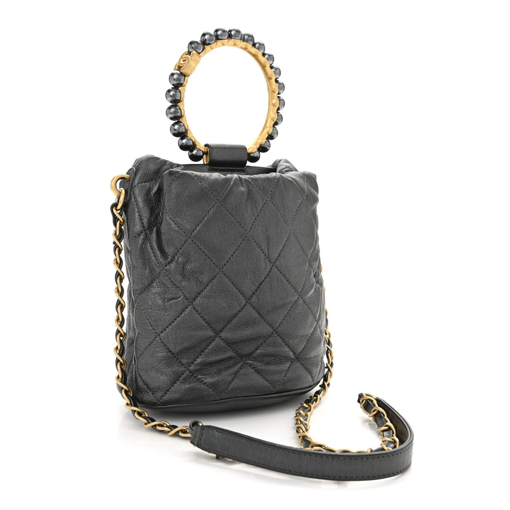 Metallic Lambskin Quilted Pearl Crown Drawstring Bag Anthracite
