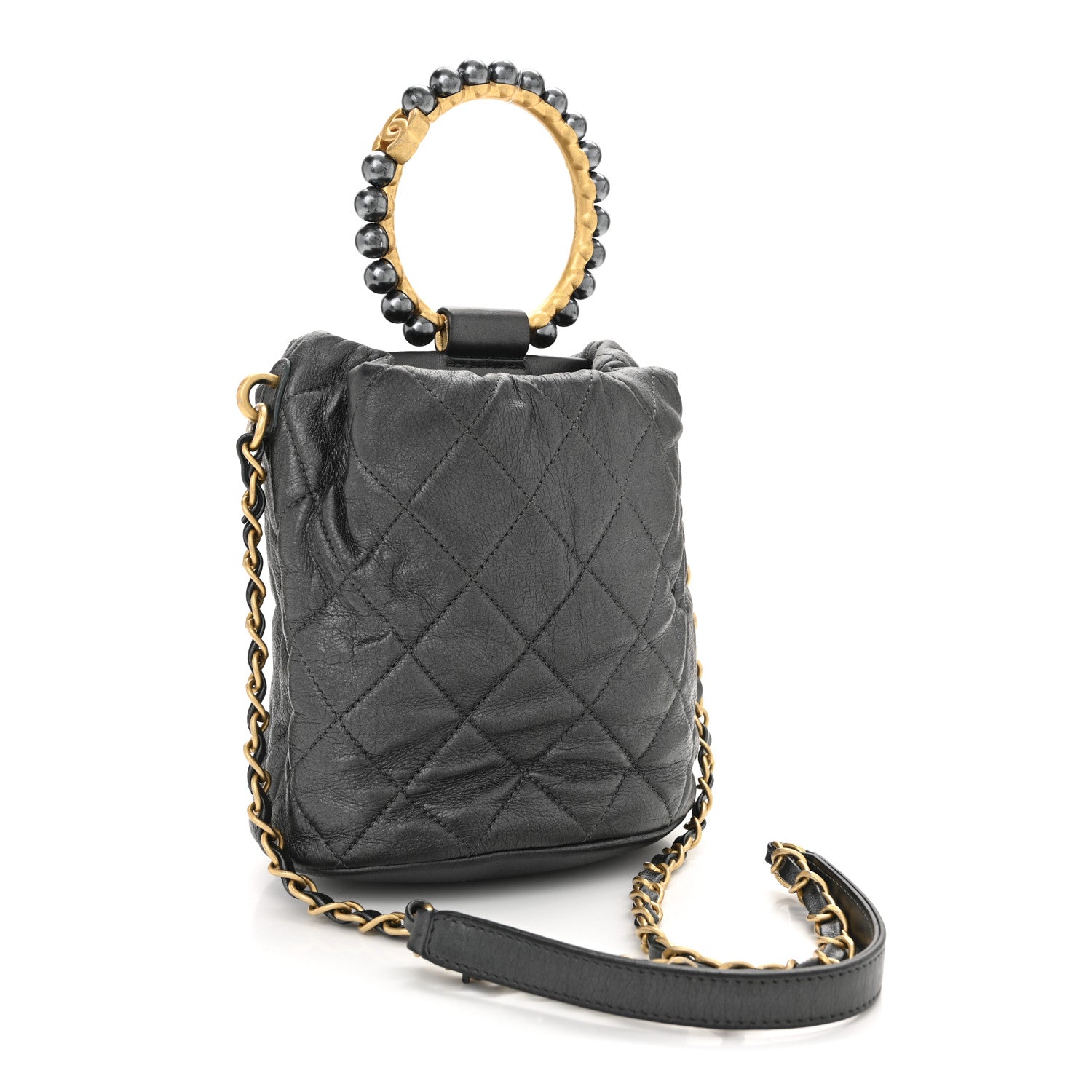 Metallic Lambskin Quilted Pearl Crown Drawstring Bag Anthracite